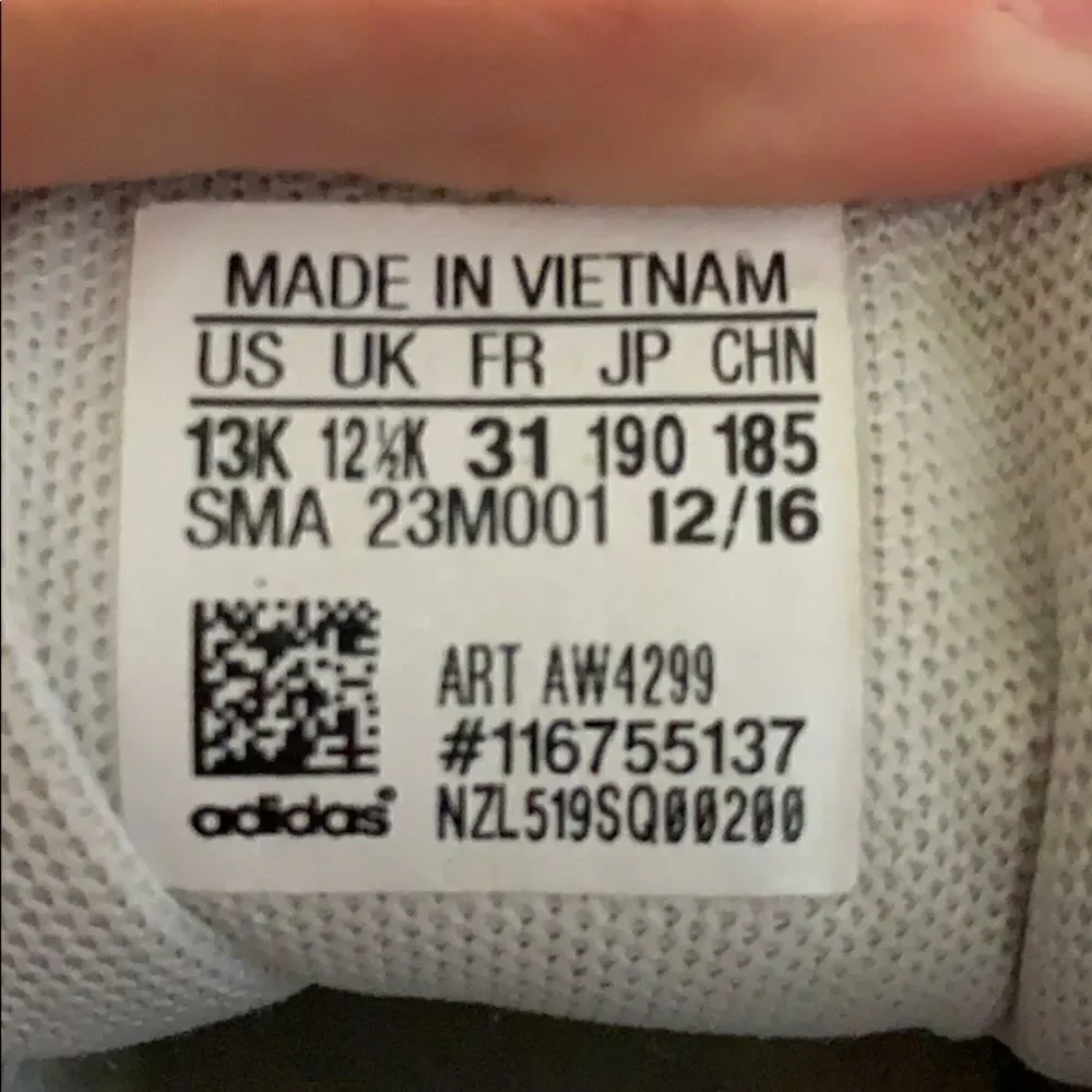 TWO pairs of ADIDAS white sneakers, sizes 13 and 1.